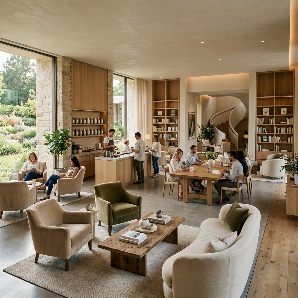 OK Meditation Club modern lounge with organic tea shop and community table