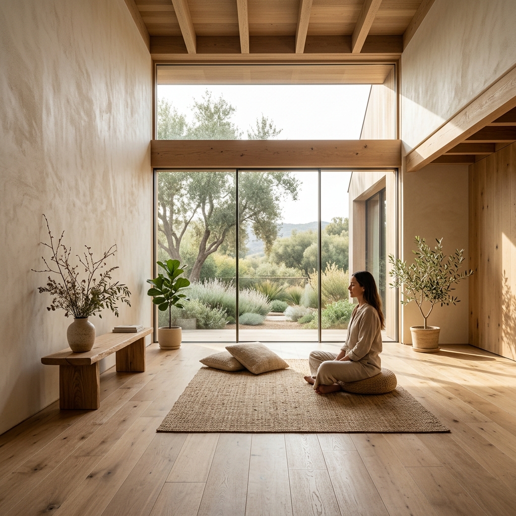 Serene modern architectural wellness space representing peaceful mindful living