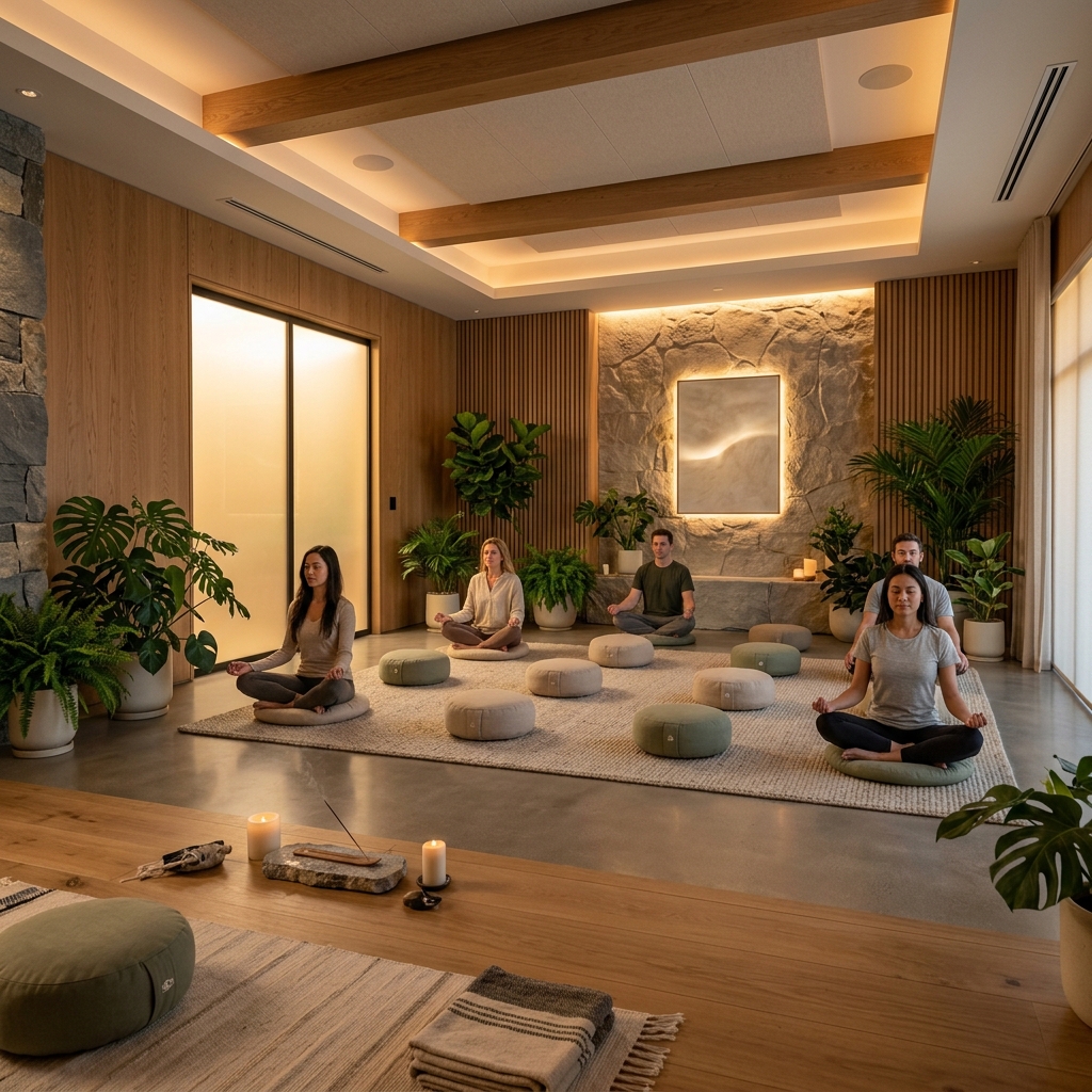 OK Meditation Studio peaceful interior with wood textures and warm ambient light